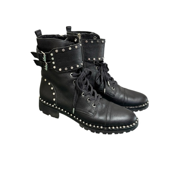 Sam Edelman Jennifer Black Leather Studded Moto Combat Boots Size 9 - Picture 2 of 14